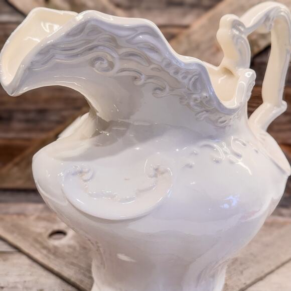 Vintage Arnel’s Victorian Style White Pottery Pitcher, Large, 10” x 10” - Picture 4 of 11